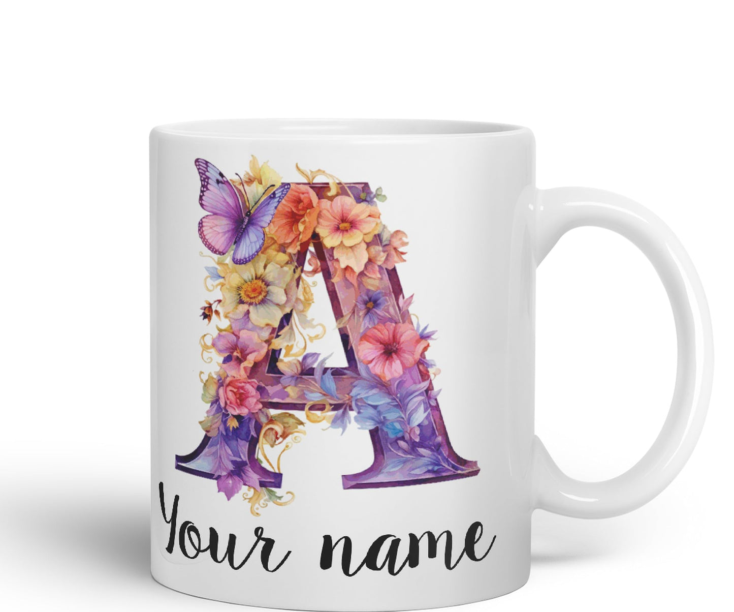 Personalised Letter A mug, Customized Custom Floral flowers butterfly Alphabet Letter A Monogram watercolour Ceramic Coloured Mug Cup for Tea Coffee Hot brew 330ml 11Oz Gift