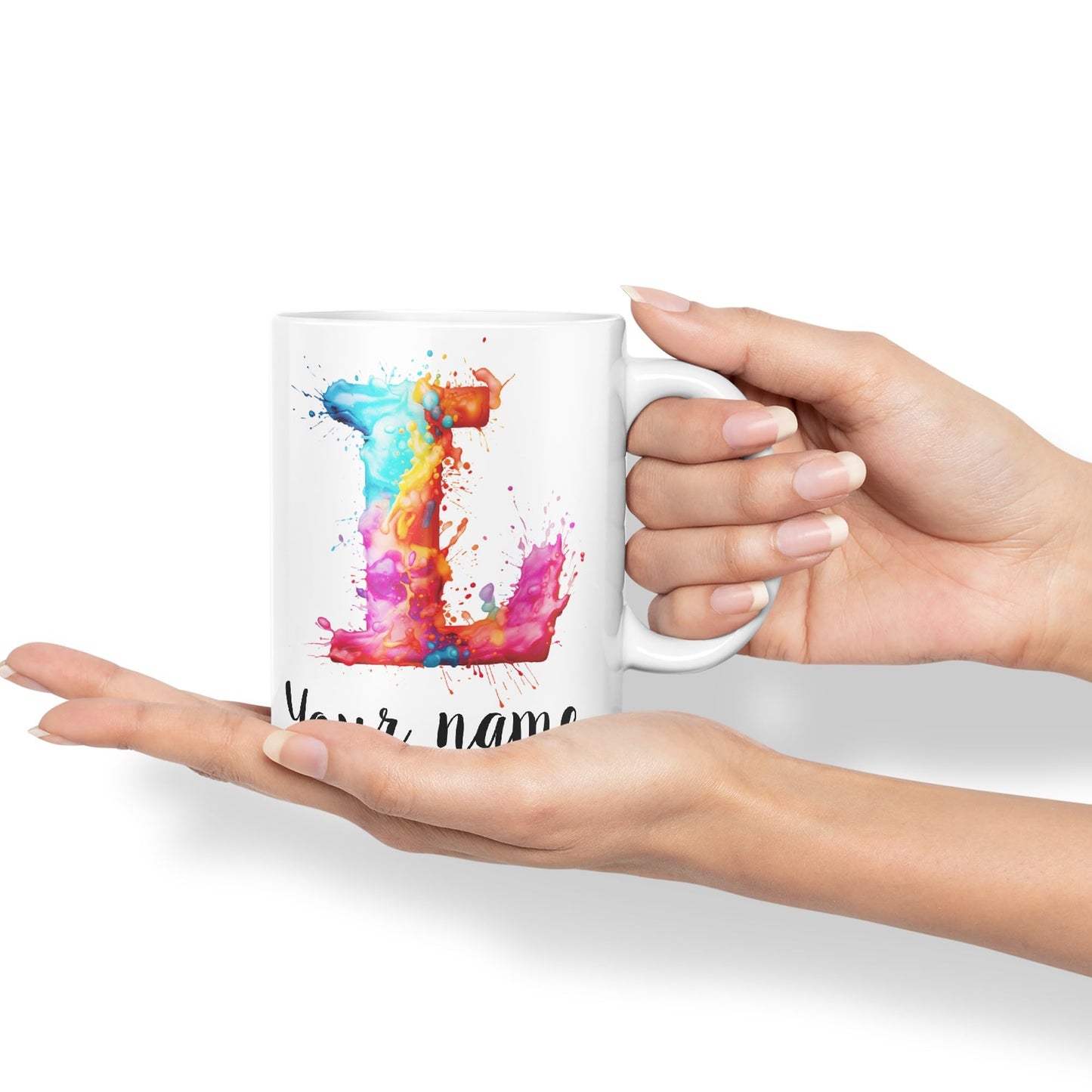 Personalised Letter L mug, Alphabet cusomized custom Letter L Monogram watercolour Ceramic Coloured Mug Cup for Tea Coffee Hot brew 330ml 11Oz Gift