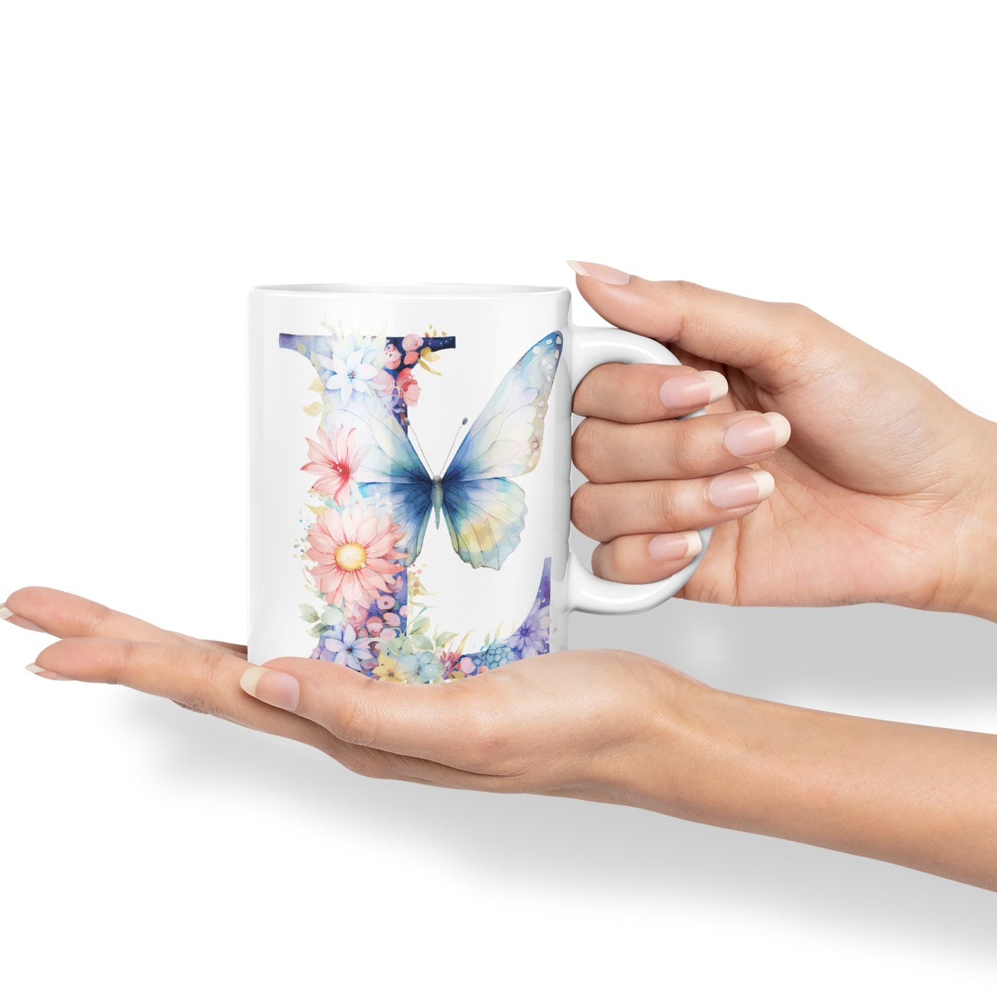 Letter L mug, Floral flowers butterfly Alphabet Letter L Monogram watercolour Ceramic Coloured Mug Cup for Tea Coffee Hot brew 330ml 11Oz Gift