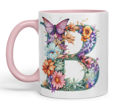 Letter B mug, Floral flowers butterfly Alphabet Letter B Monogram watercolour Ceramic Coloured Mug Cup for Tea Coffee Hot brew 330ml 11Oz Gift
