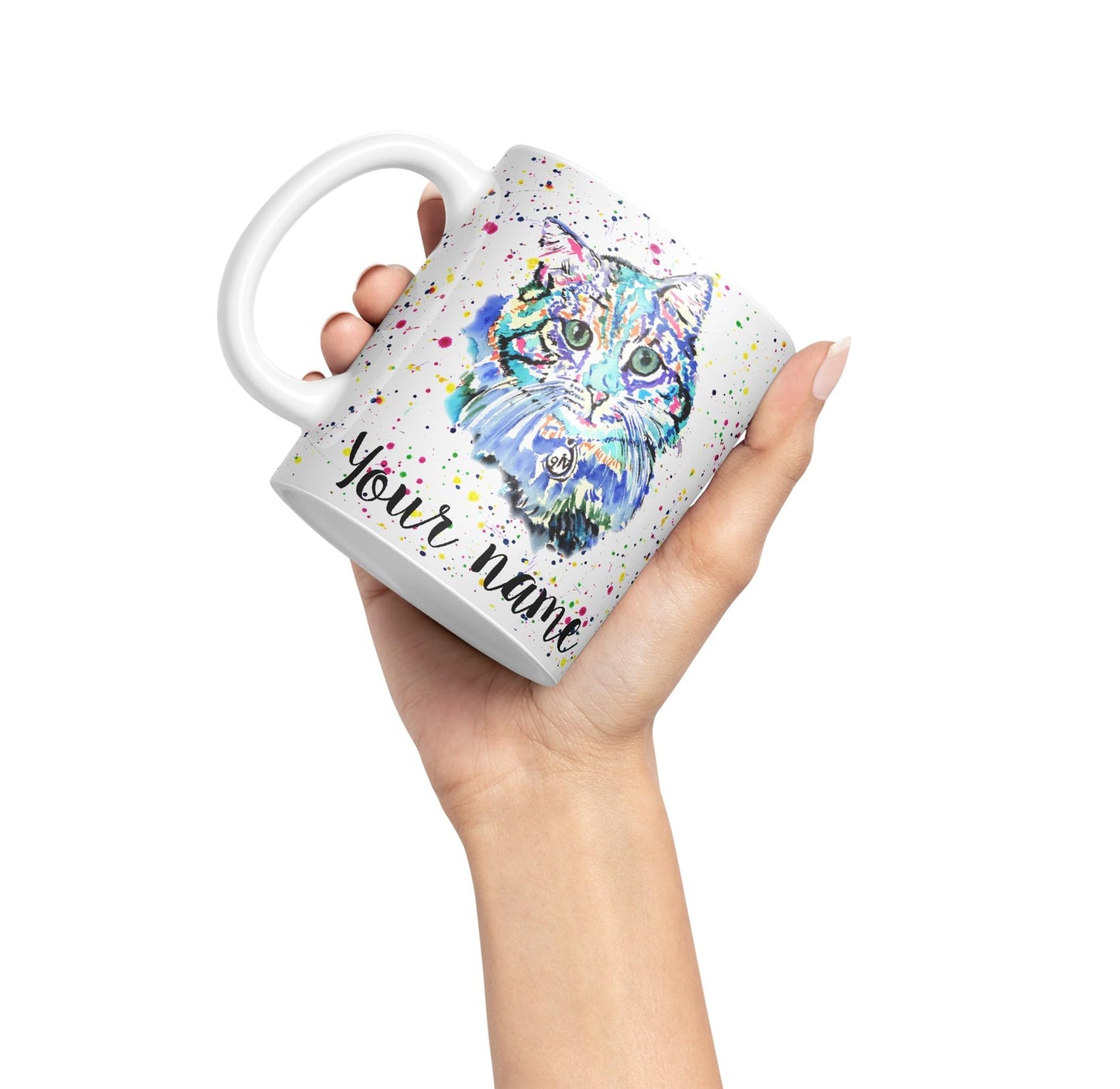 Vixar Personalised with Your Text Blue Cat Kitten Feline Watercolour Art Coloured Ceramic Mug Cup Gift 330ml 11oz Custom Work Office Tea Coffee