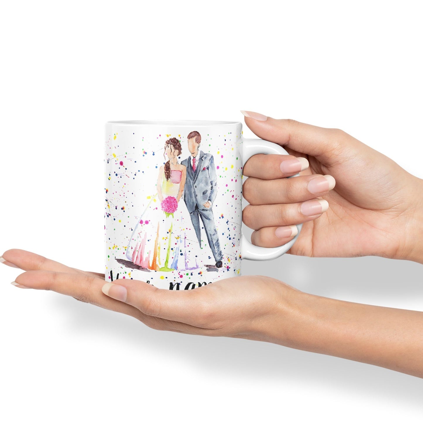 Vixar Personalised with Your Text Wedding Mr and Mrs Bride and Groom Art Coloured Ceramic Mug Cup Gift 330ml 11oz Custom Work Office Tea Coffee