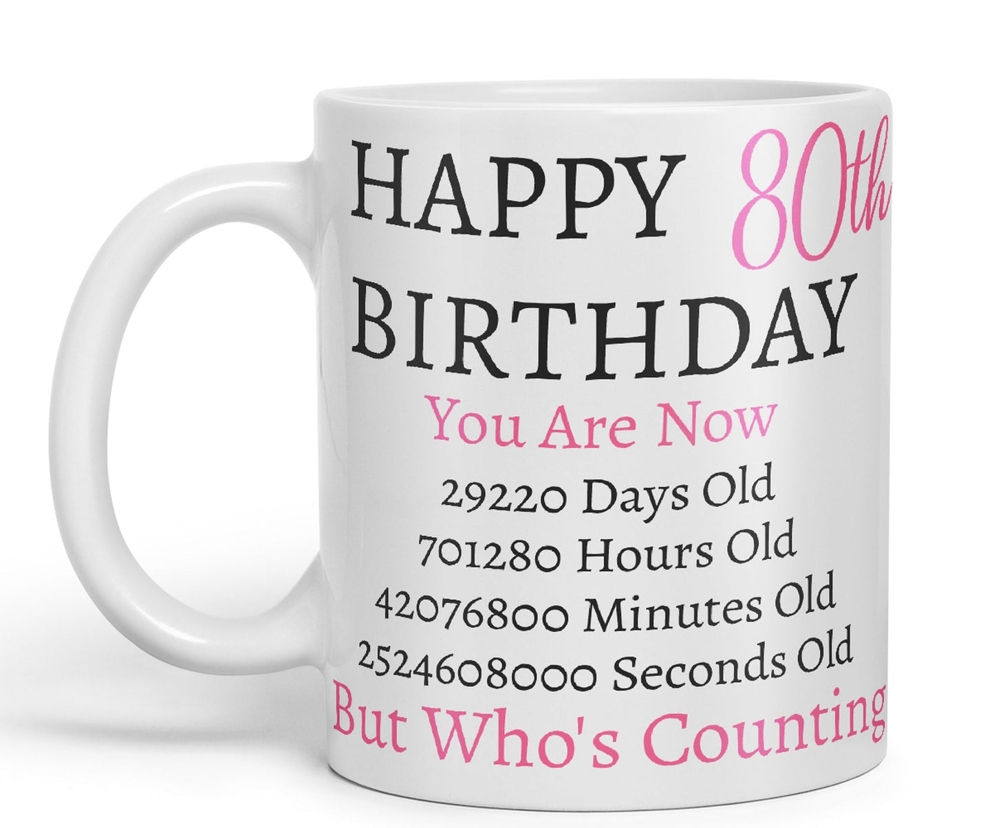 Vixar But Who's Counting Happy 80th Birthday Ceramic Coloured Mug Cup Gift Days Hours Minutes (Pink)