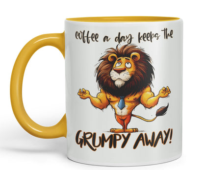 Coffee a Day Keeps The Grumy Away! Lion Joke sarkasm Sarcastic Ceramic Coloured Mug Cup for Tea Coffee Hot Brew 330ml 11Oz Gift