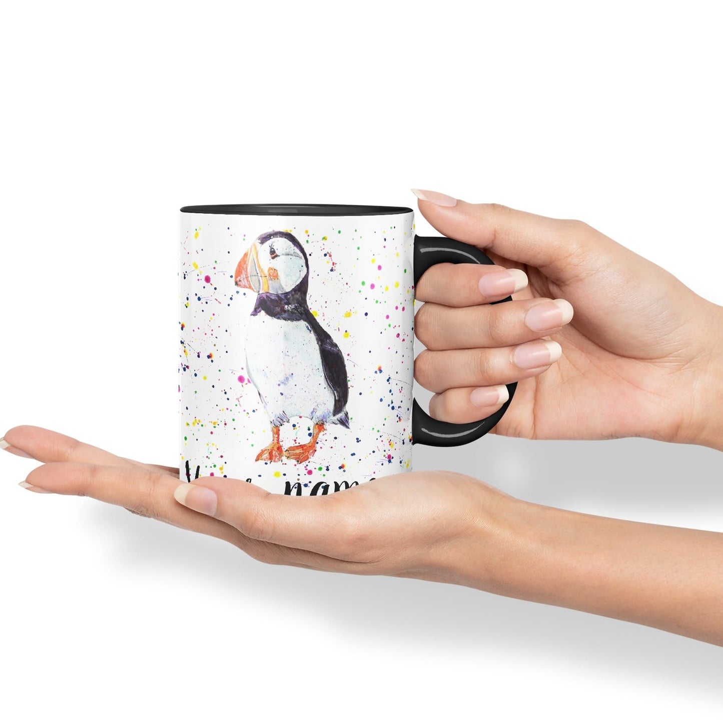 Vixar Personalised with Your Text Puffin Bird Animals Watercolour Art Coloured Ceramic Mug Cup Gift 330ml 11oz Custom Work Office Tea Coffee (O2)