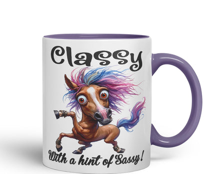 Classy with a hint of Sassy! Horse cat Joke sarkasm Sarcastic Ceramic Coloured Mug Cup for Tea Coffee Hot Brew 330ml 11Oz Gift