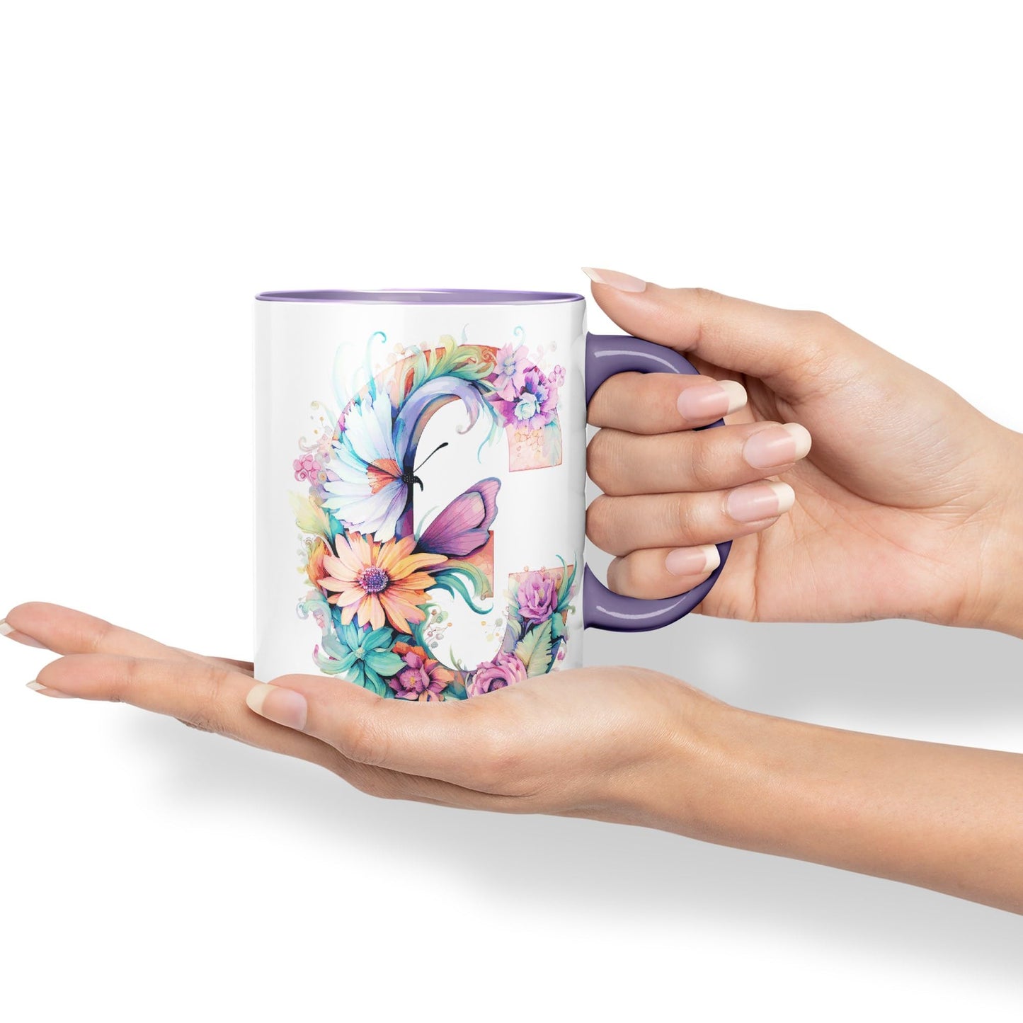 Letter C mug, Floral flowers butterfly Alphabet Letter C Monogram watercolour Ceramic Coloured Mug Cup for Tea Coffee Hot brew 330ml 11Oz Gift