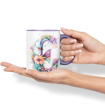 Letter C mug, Floral flowers butterfly Alphabet Letter C Monogram watercolour Ceramic Coloured Mug Cup for Tea Coffee Hot brew 330ml 11Oz Gift