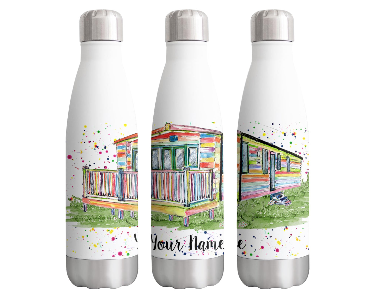 Vixar Caravan Static Personalised Custom Bottle with your Text/name Holiday Home Watercolour Bottle Double Wall Insulated Stainless Steel Sport Drinks 500ml