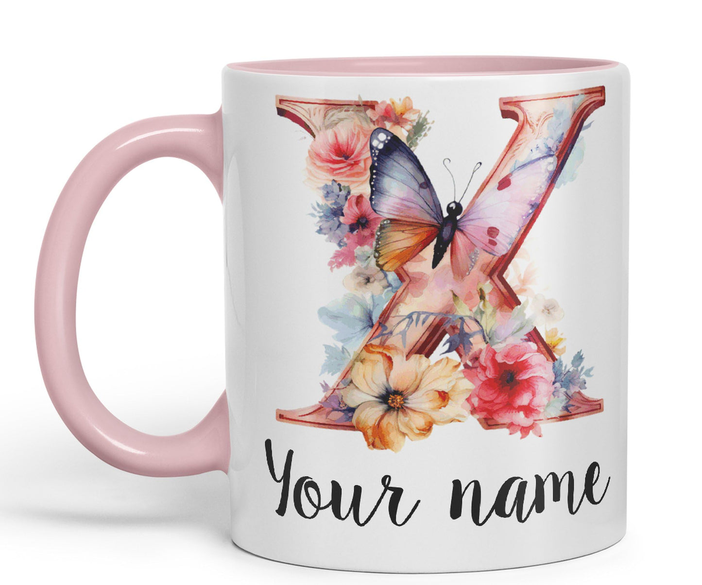 Personalised Letter X mug, Customized Custom Floral flowers butterfly Alphabet Letter X Monogram watercolour Ceramic Coloured Mug Cup for Tea Coffee Hot brew 330ml 11Oz Gift