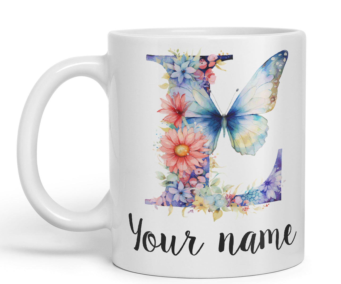 Personalised Letter L mug, Customized Custom Floral flowers butterfly Alphabet Letter L Monogram watercolour Ceramic Coloured Mug Cup for Tea Coffee Hot brew 330ml 11Oz Gift