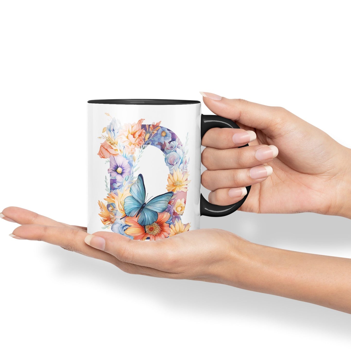 Letter Q mug, Floral flowers butterfly Alphabet Letter Q Monogram watercolour Ceramic Coloured Mug Cup for Tea Coffee Hot brew 330ml 11Oz Gift