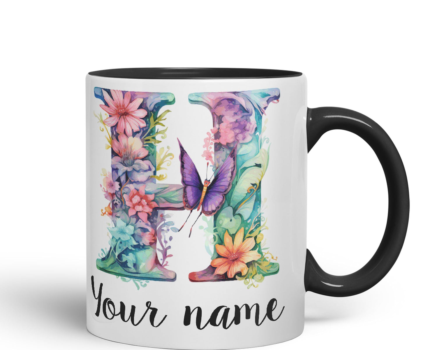 Personalised Letter H mug, Customized Custom Floral flowers butterfly Alphabet Letter H Monogram watercolour Ceramic Coloured Mug Cup for Tea Coffee Hot brew 330ml 11Oz Gift