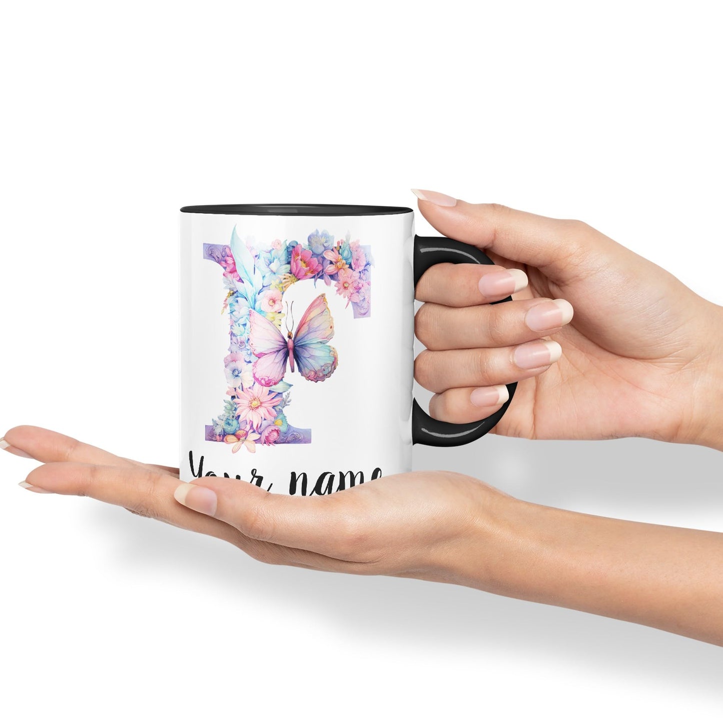 Personalised Letter F mug, Customized Custom Floral flowers butterfly Alphabet Letter F Monogram watercolour Ceramic Coloured Mug Cup for Tea Coffee Hot brew 330ml 11Oz Gift