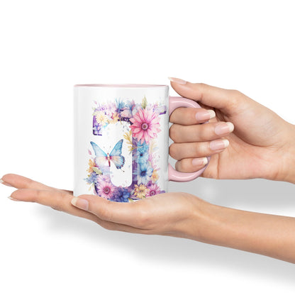 Letter J mug, Floral flowers butterfly Alphabet Letter J Monogram watercolour Ceramic Coloured Mug Cup for Tea Coffee Hot brew 330ml 11Oz Gift