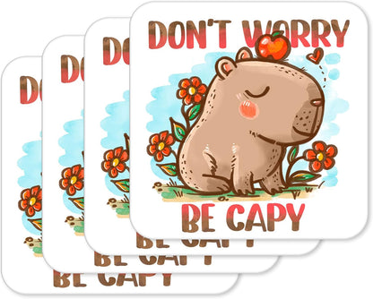 Don’t Worry Be Capy Cute Capybara Coaster Set – Funny Animal Drink Coasters for Home & Office Gift (set of 4)