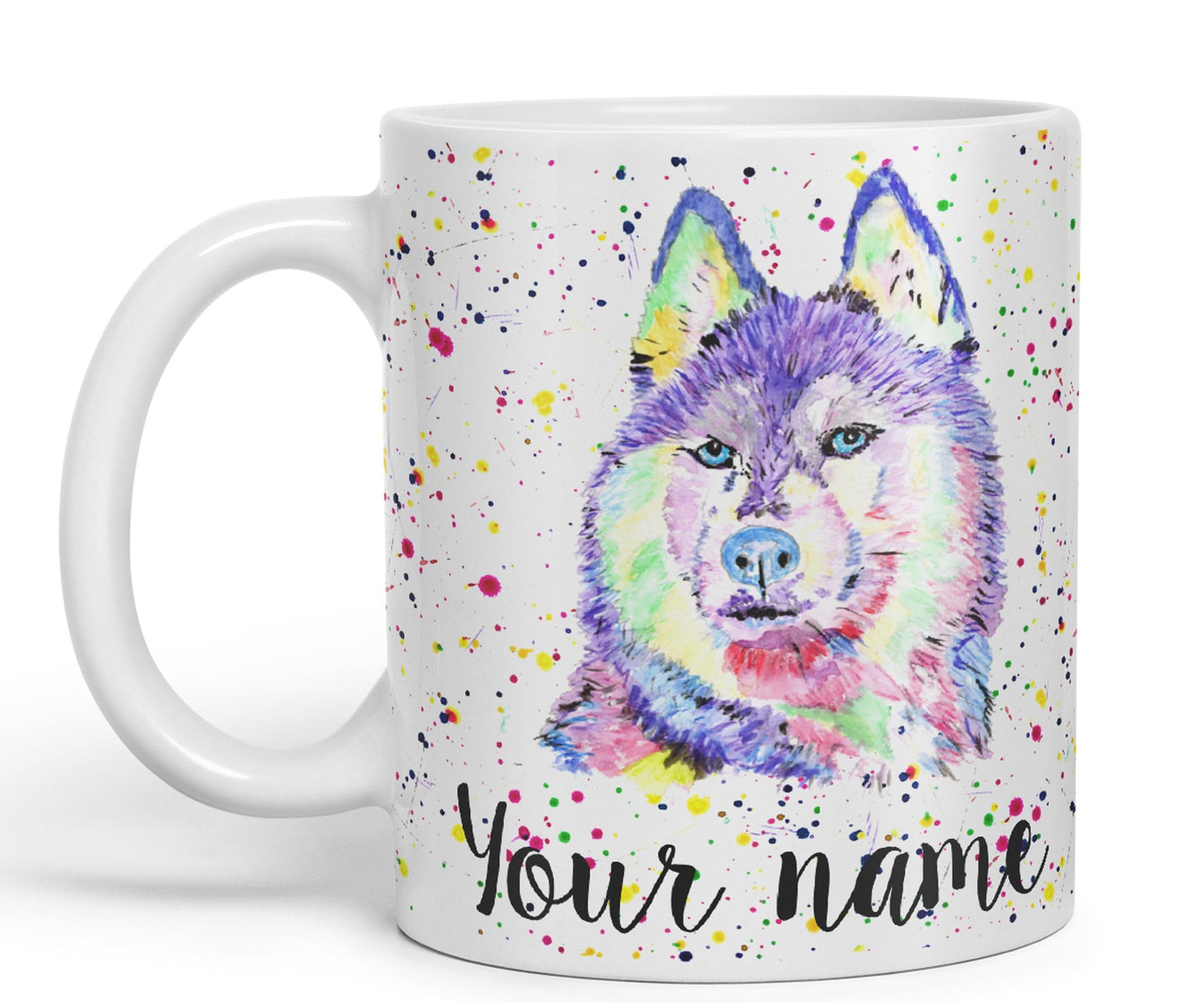 Vixar Personalised with Your Text Husky Snow Dog Pet Animals Watercolour Art Coloured Ceramic Mug Cup Gift 330ml 11oz Custom Work Office Tea Coffee