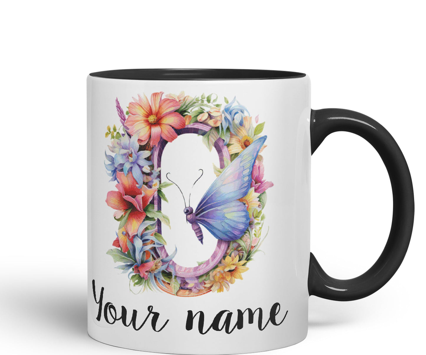 Personalised Letter O mug, Customized Custom Floral flowers butterfly Alphabet Letter O Monogram watercolour Ceramic Coloured Mug Cup for Tea Coffee Hot brew 330ml 11Oz Gift