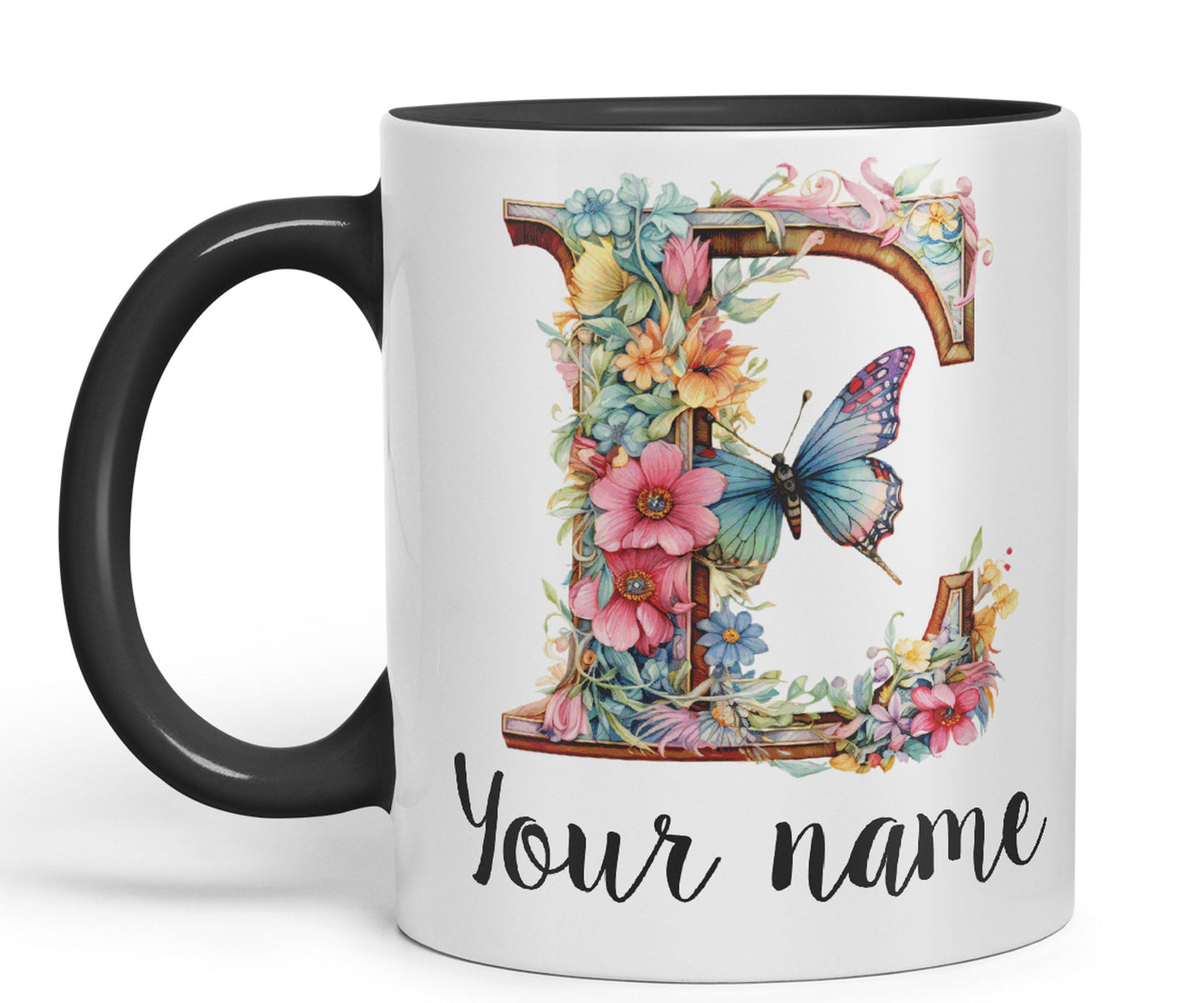 Personalised Letter E mug, Customized Custom Floral flowers butterfly Alphabet Letter E Monogram watercolour Ceramic Coloured Mug Cup for Tea Coffee Hot brew 330ml 11Oz Gift