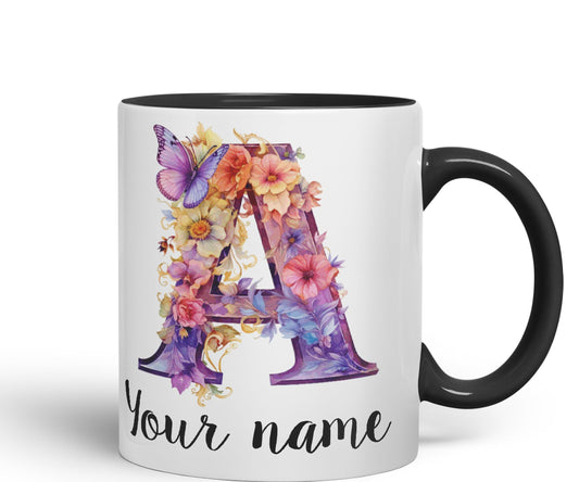 Personalised Letter A mug, Customized Custom Floral flowers butterfly Alphabet Letter A Monogram watercolour Ceramic Coloured Mug Cup for Tea Coffee Hot brew 330ml 11Oz Gift