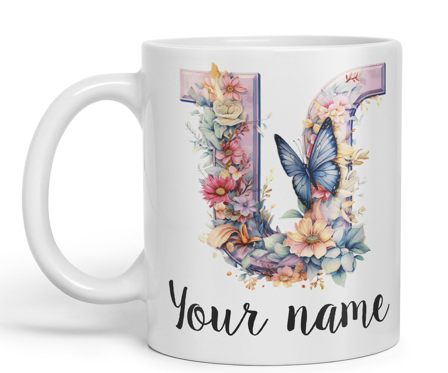 Personalised Letter U mug, Customized Custom Floral flowers butterfly Alphabet Letter U Monogram watercolour Ceramic Coloured Mug Cup for Tea Coffee Hot brew 330ml 11Oz Gift