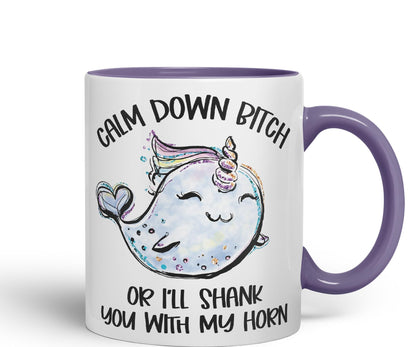 Vixar Unicorn Calm Down B... or I'll Shank You with My Horn Ceramic Coloured Mug Cup Gift Tea Coffee Christmas Office Home Sarcastic Joke