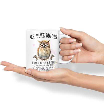 My Five Moods owl Sarcastic Joke Ceramic Coloured Mug Cup for Tea Coffee Hot Brew 330ml 11Oz