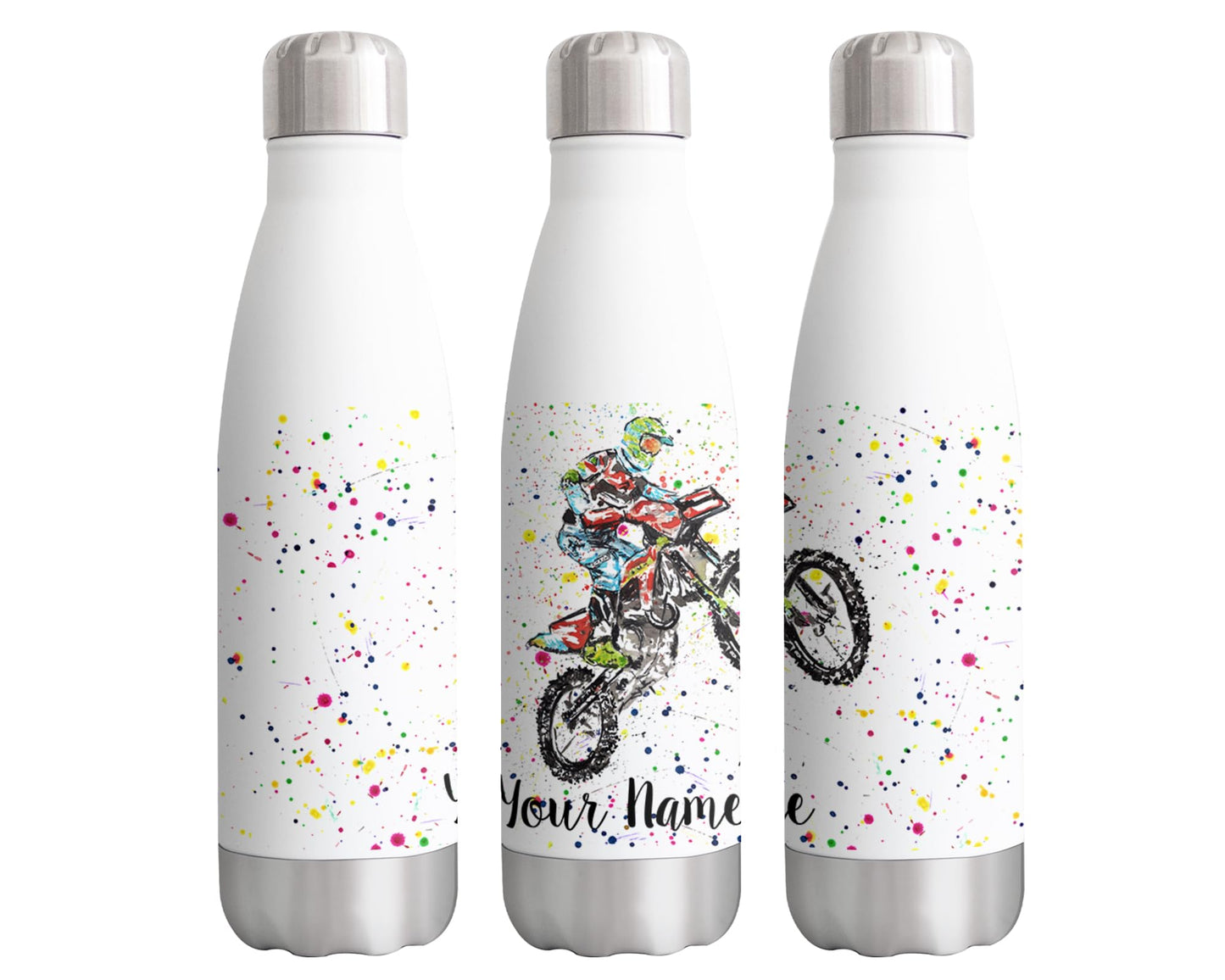 Vixar Motocross Personalised Custom Bottle with your Text/name motocycle Motorbike Watercolour Bottle Double Wall Insulated Stainless Steel Sport Drinks 500ml