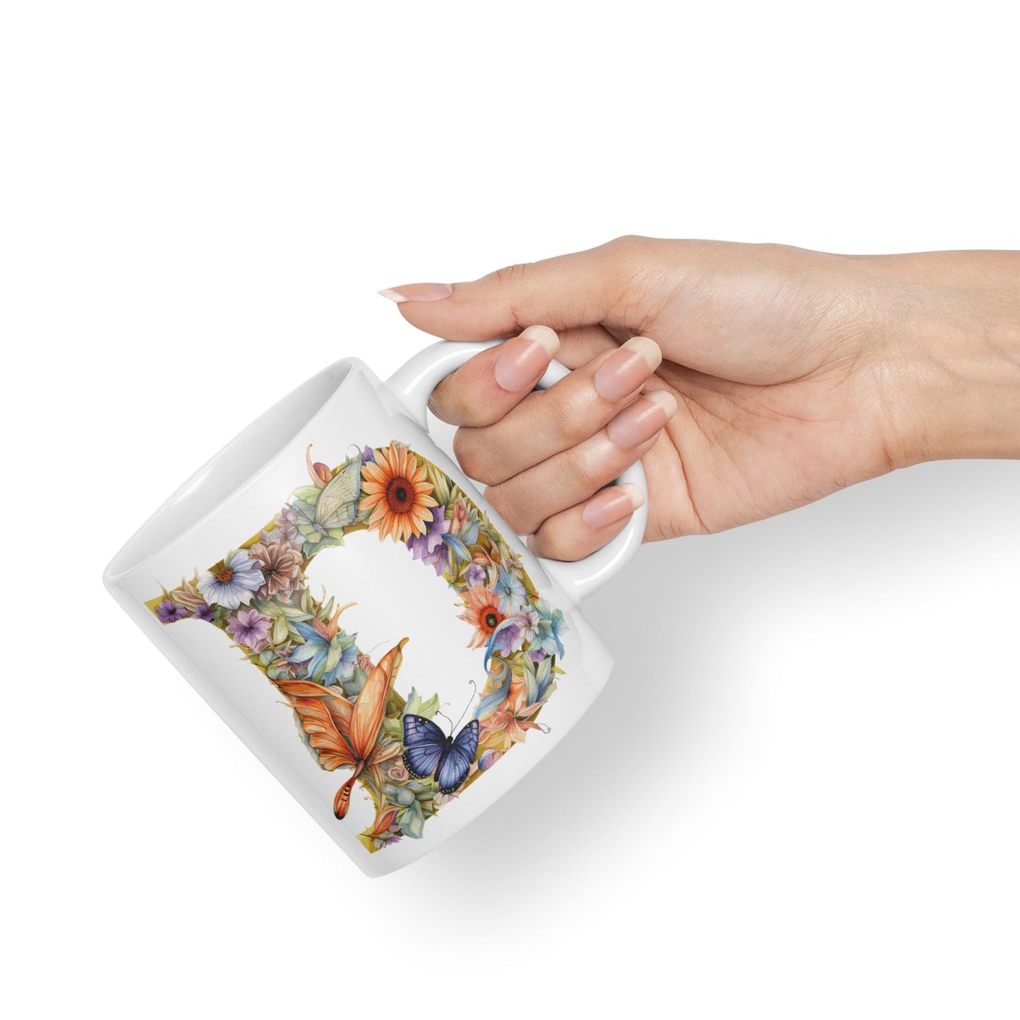 Letter D mug, Floral flowers butterfly Alphabet Letter D Monogram watercolour Ceramic Coloured Mug Cup for Tea Coffee Hot brew 330ml 11Oz Gift