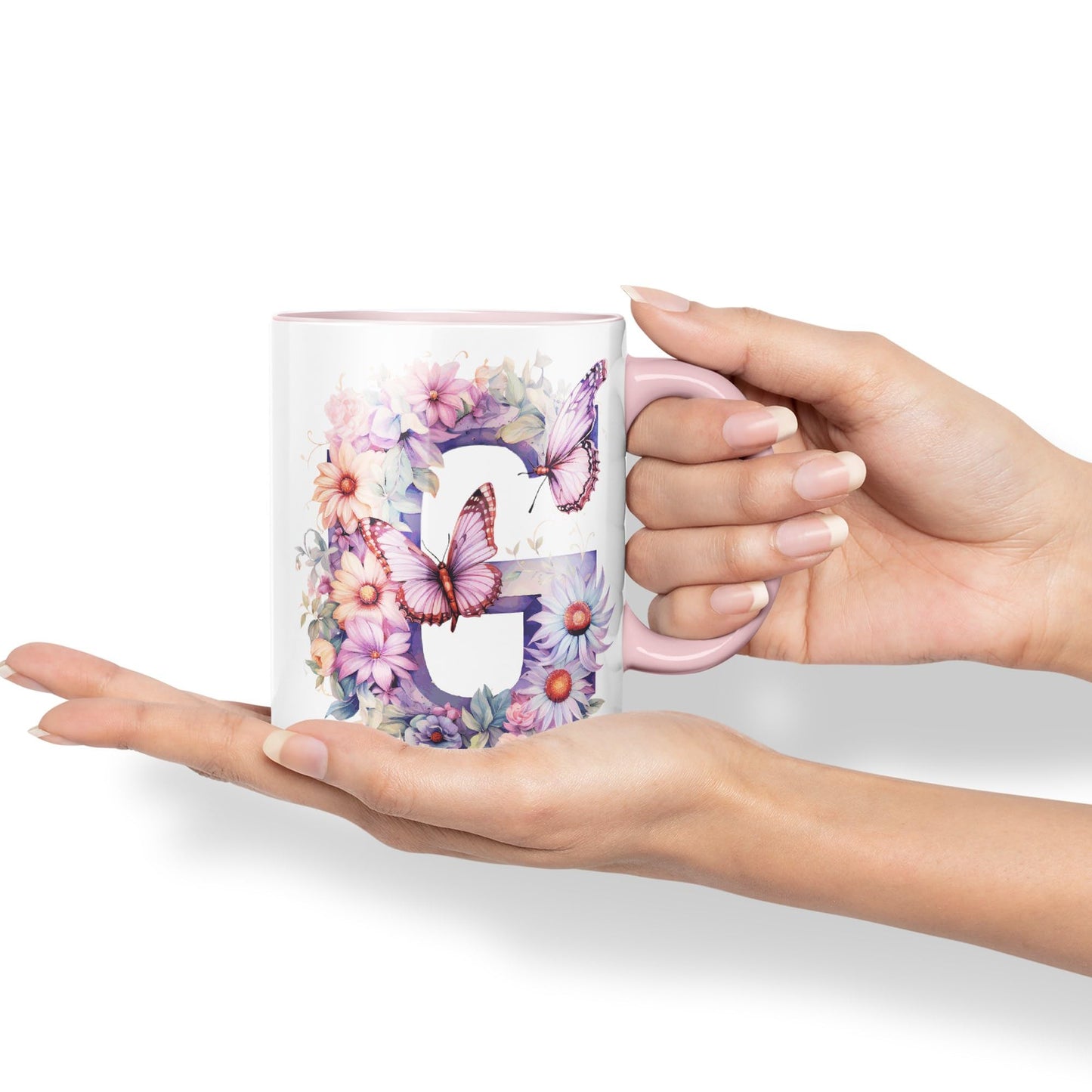 Letter G mug, Floral flowers butterfly Alphabet Letter G Monogram watercolour Ceramic Coloured Mug Cup for Tea Coffee Hot brew 330ml 11Oz Gift