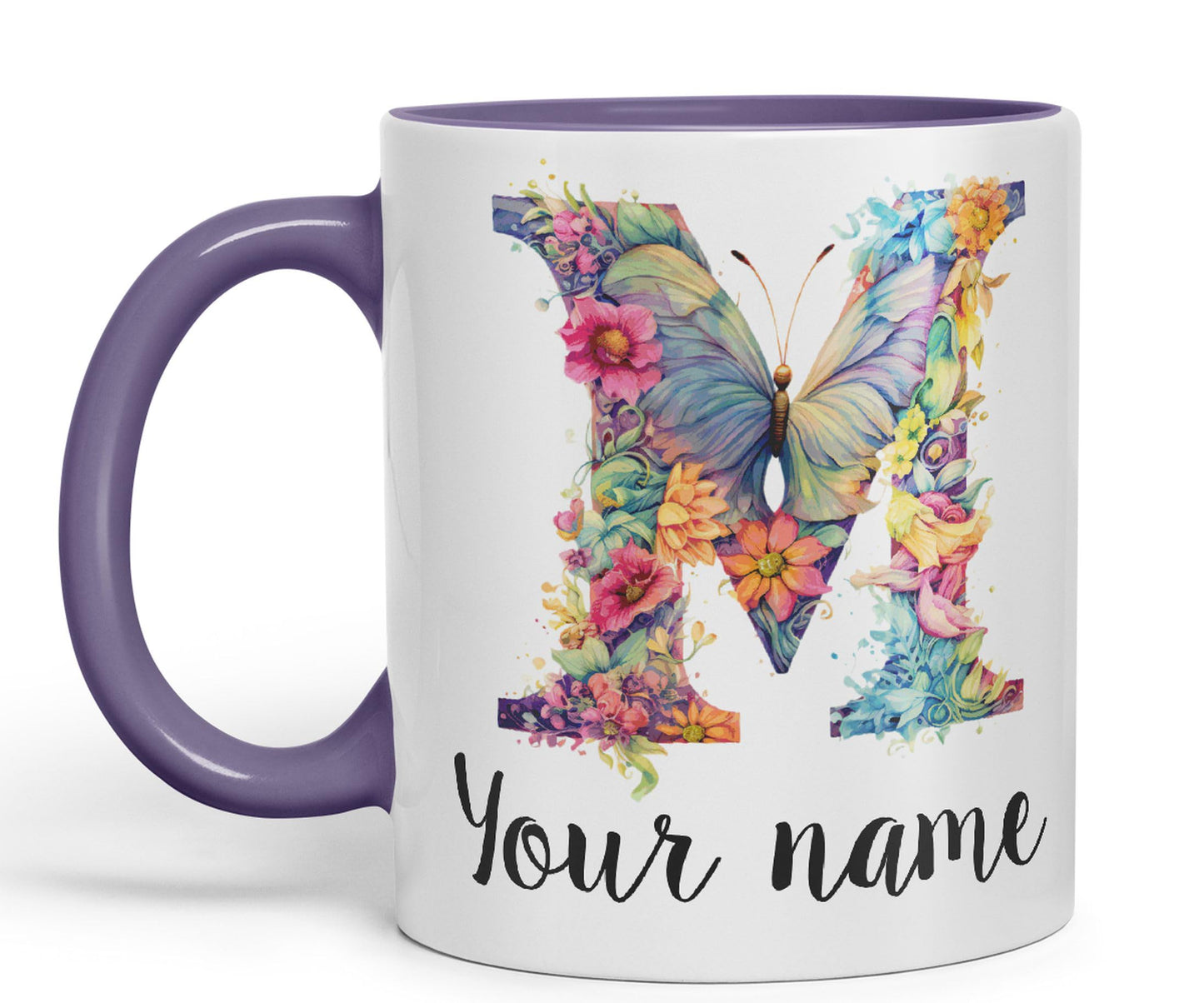 Personalised Letter M mug, Customized Custom Floral flowers butterfly Alphabet Letter M Monogram watercolour Ceramic Coloured Mug Cup for Tea Coffee Hot brew 330ml 11Oz Gift