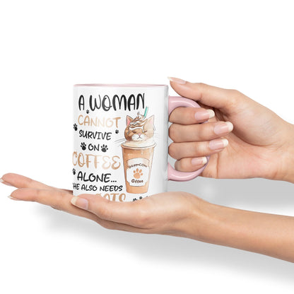 Vixar A Woman Cannot Survive on Coffee Cats Sarcastic Joke Ceramic Coloured Mug Cup for Tea Coffee Hot Brew 330ml 11Oz