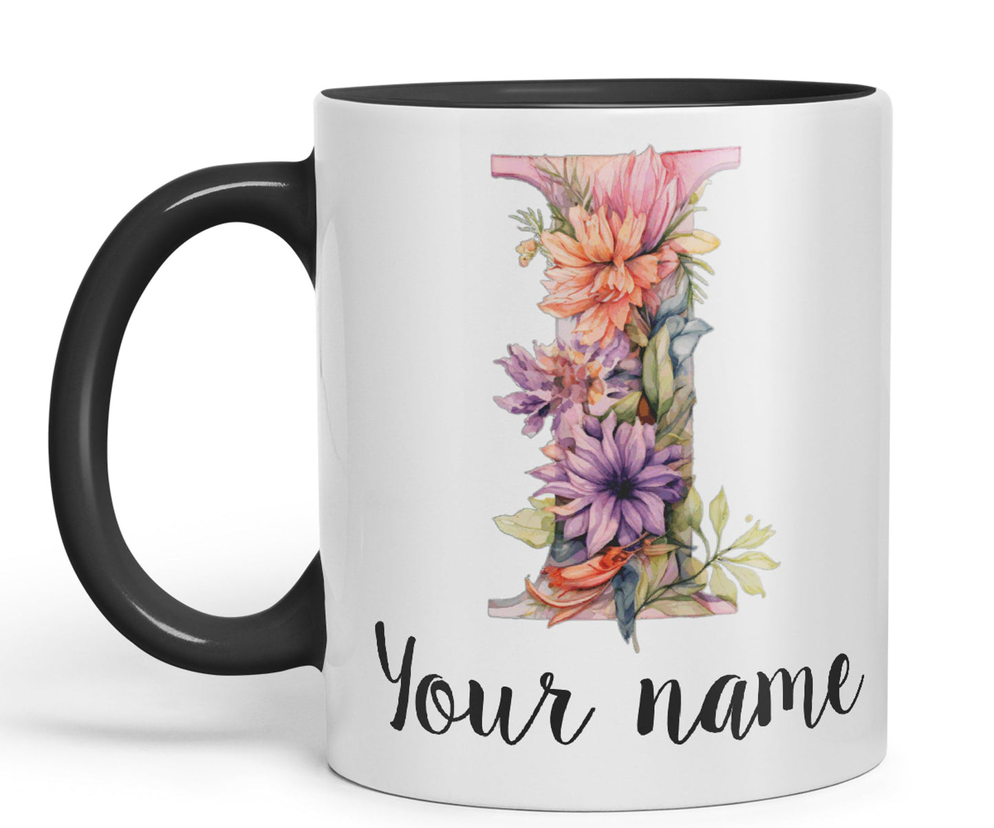 Personalised Letter I mug, Customized Custom Floral flowers butterfly Alphabet Letter I Monogram watercolour Ceramic Coloured Mug Cup for Tea Coffee Hot brew 330ml 11Oz Gift