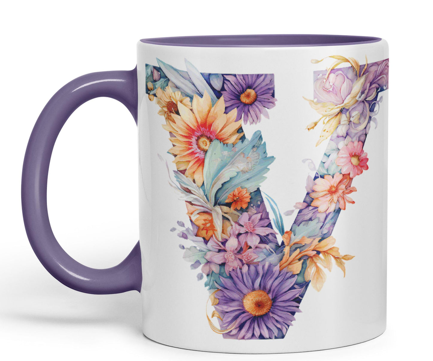 Letter V mug, Floral flowers butterfly Alphabet Letter V Monogram watercolour Ceramic Coloured Mug Cup for Tea Coffee Hot brew 330ml 11Oz Gift