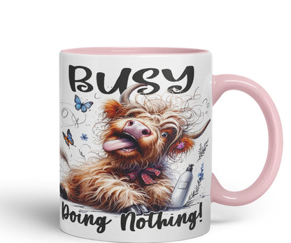 Busy Doing Nothing Scottish Highland Cow Joke sarkasm Sarcastic Ceramic Coloured Mug Cup for Tea Coffee Hot Brew 330ml 11Oz Gift