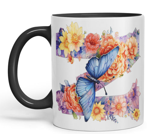 Letter Z mug, Floral flowers butterfly Alphabet Letter Z Monogram watercolour Ceramic Coloured Mug Cup for Tea Coffee Hot brew 330ml 11Oz Gift