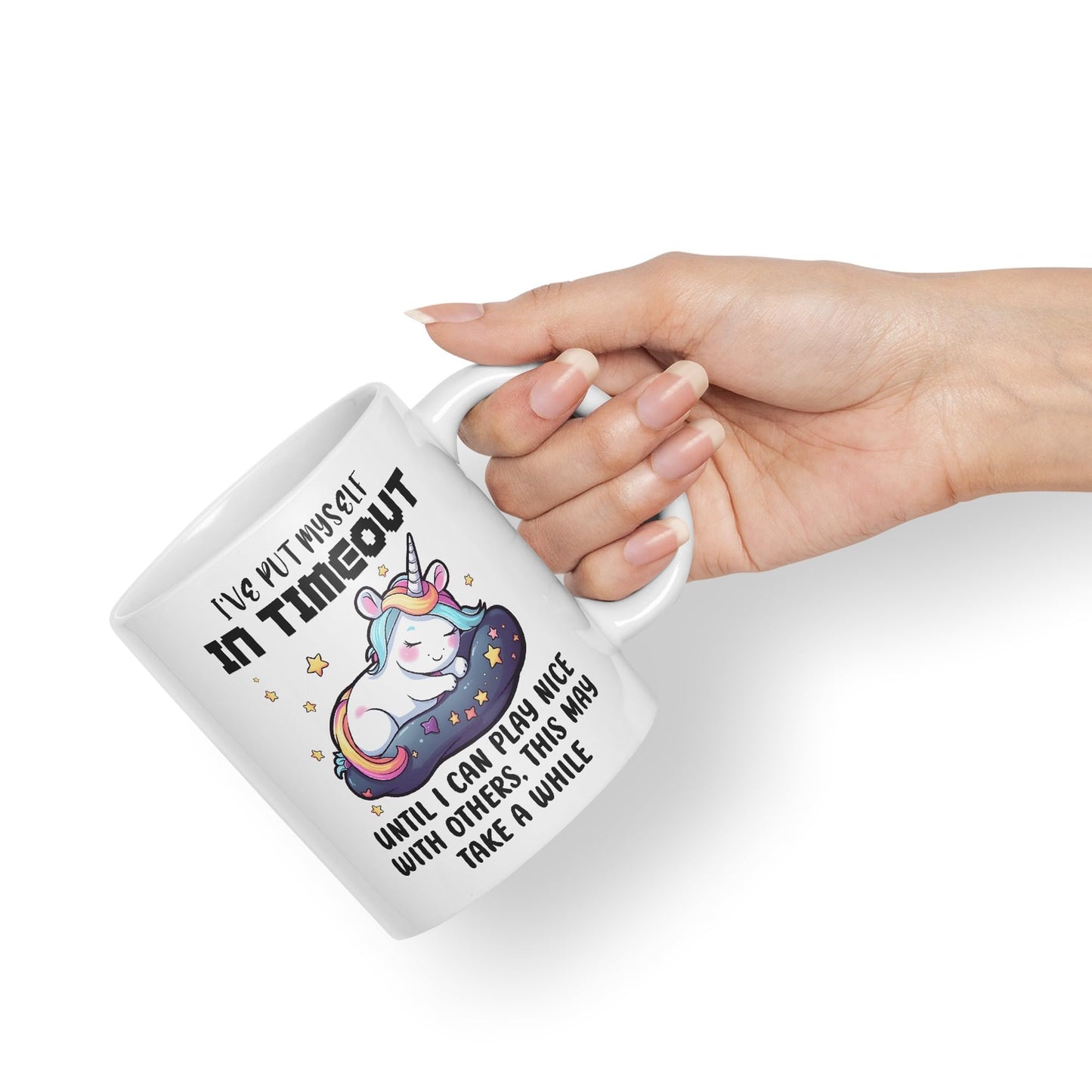 I've Put Myself in Timeout Until I can Play Nice with Others, This May take a While Unicorn Joke sarkasm Sarcastic Ceramic Coloured Mug Cup for Tea Coffee Hot Brew 330ml 11Oz Gift