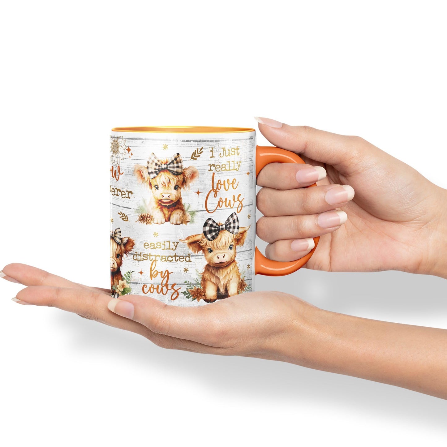 Easily Distracted by Baby Cow Whisperer I just Realy Love Cow Highland Scottish Farm Animals Ceramic Coloured Mug Cup for Tea Coffee Hot Brew 330ml 11Oz Gift