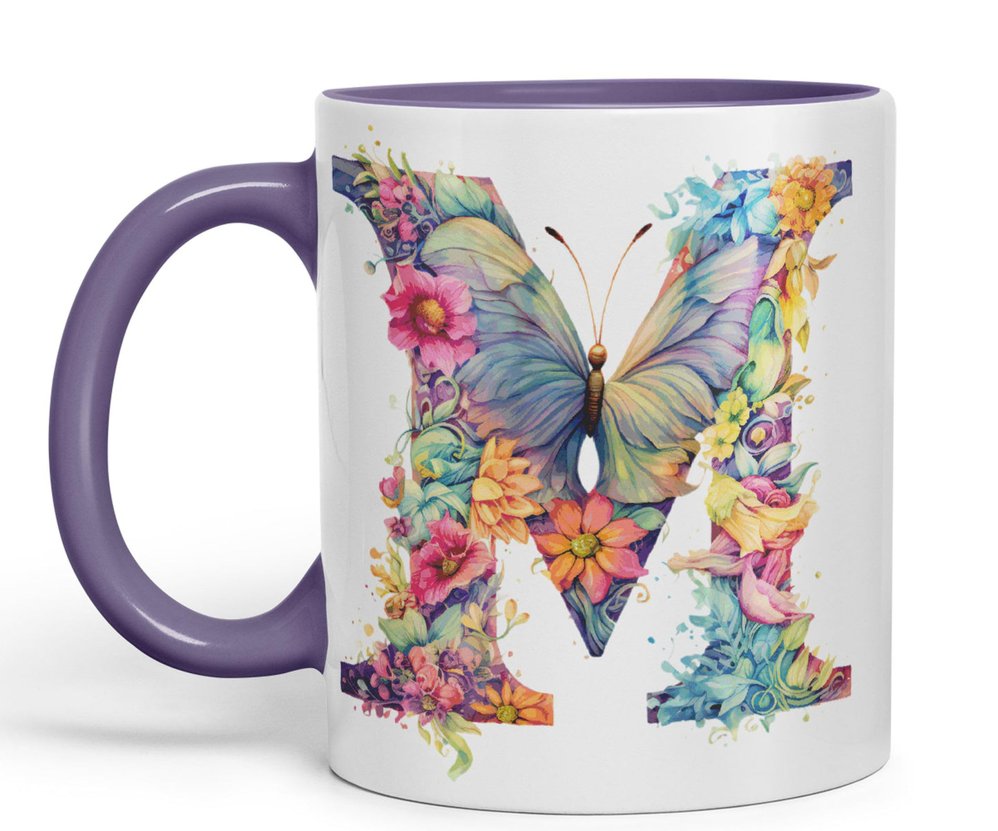 Letter M mug, Floral flowers butterfly Alphabet Letter M Monogram watercolour Ceramic Coloured Mug Cup for Tea Coffee Hot brew 330ml 11Oz Gift