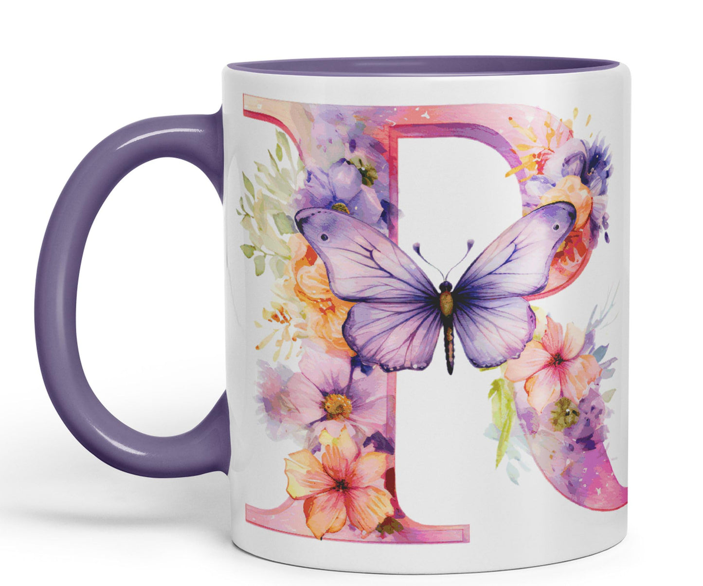 Letter R mug, Floral flowers butterfly Alphabet Letter R Monogram watercolour Ceramic Coloured Mug Cup for Tea Coffee Hot brew 330ml 11Oz Gift