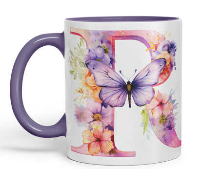 Letter R mug, Floral flowers butterfly Alphabet Letter R Monogram watercolour Ceramic Coloured Mug Cup for Tea Coffee Hot brew 330ml 11Oz Gift