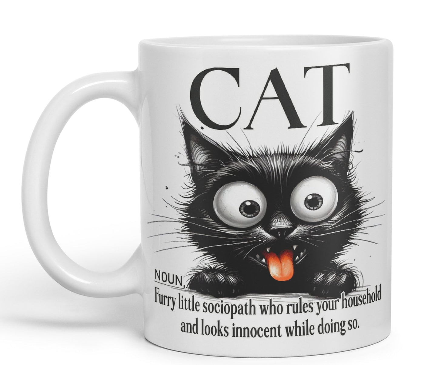 Cat Noun, Furry Little sociapath who Rules Your Household and Looks Innocent White Doing so, Joke sarkasm Sarcastic Ceramic Coloured Mug Cup for Tea Coffee Hot Brew 330ml 11Oz Gift