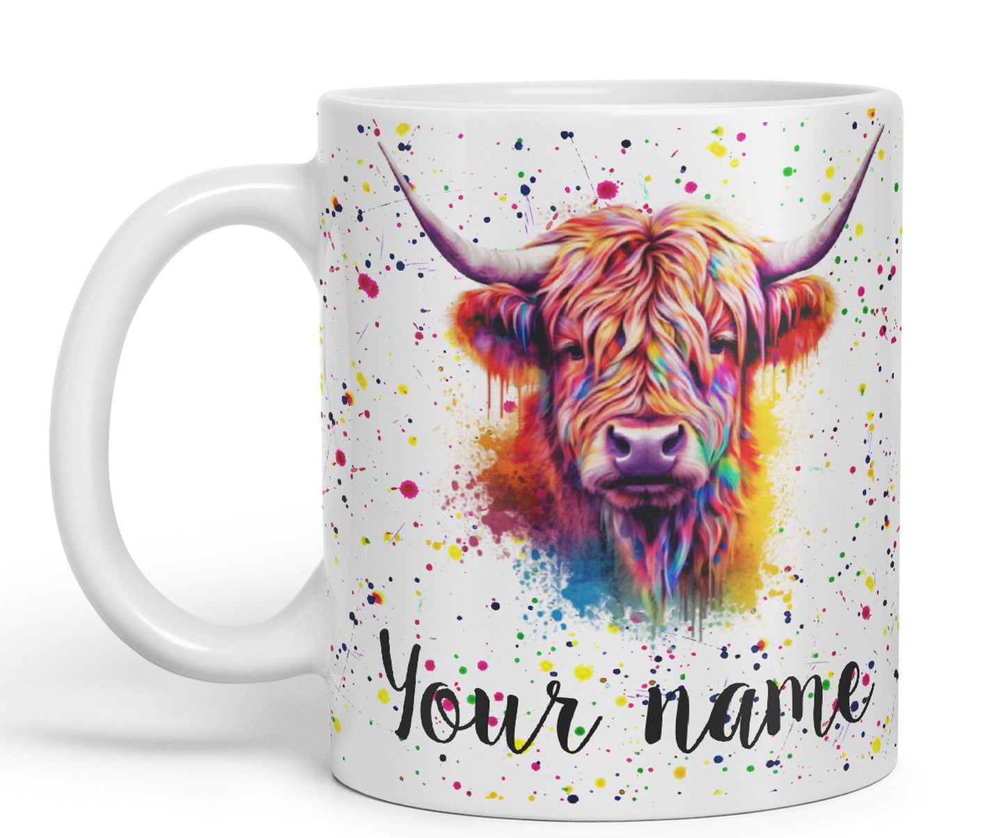 Personalised mug with Your Text name Highland Scottish Cow farm animals Watercolour Art Coloured Ceramic Mug Cup Gift 330ml 11oz Custom Work Office Tea Coffee HC4