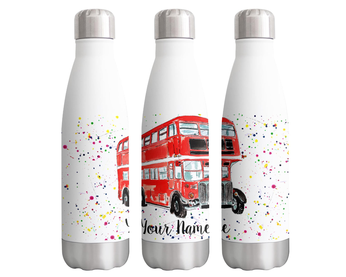 Vixar Bus Red Personalised Custom Bottle with your Text/name london busses Watercolour Animals Bottle Double Wall Insulated Stainless Steel Sport Drinks 500ml