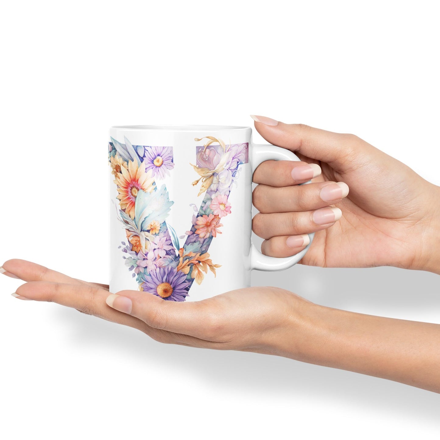 Letter V mug, Floral flowers butterfly Alphabet Letter V Monogram watercolour Ceramic Coloured Mug Cup for Tea Coffee Hot brew 330ml 11Oz Gift