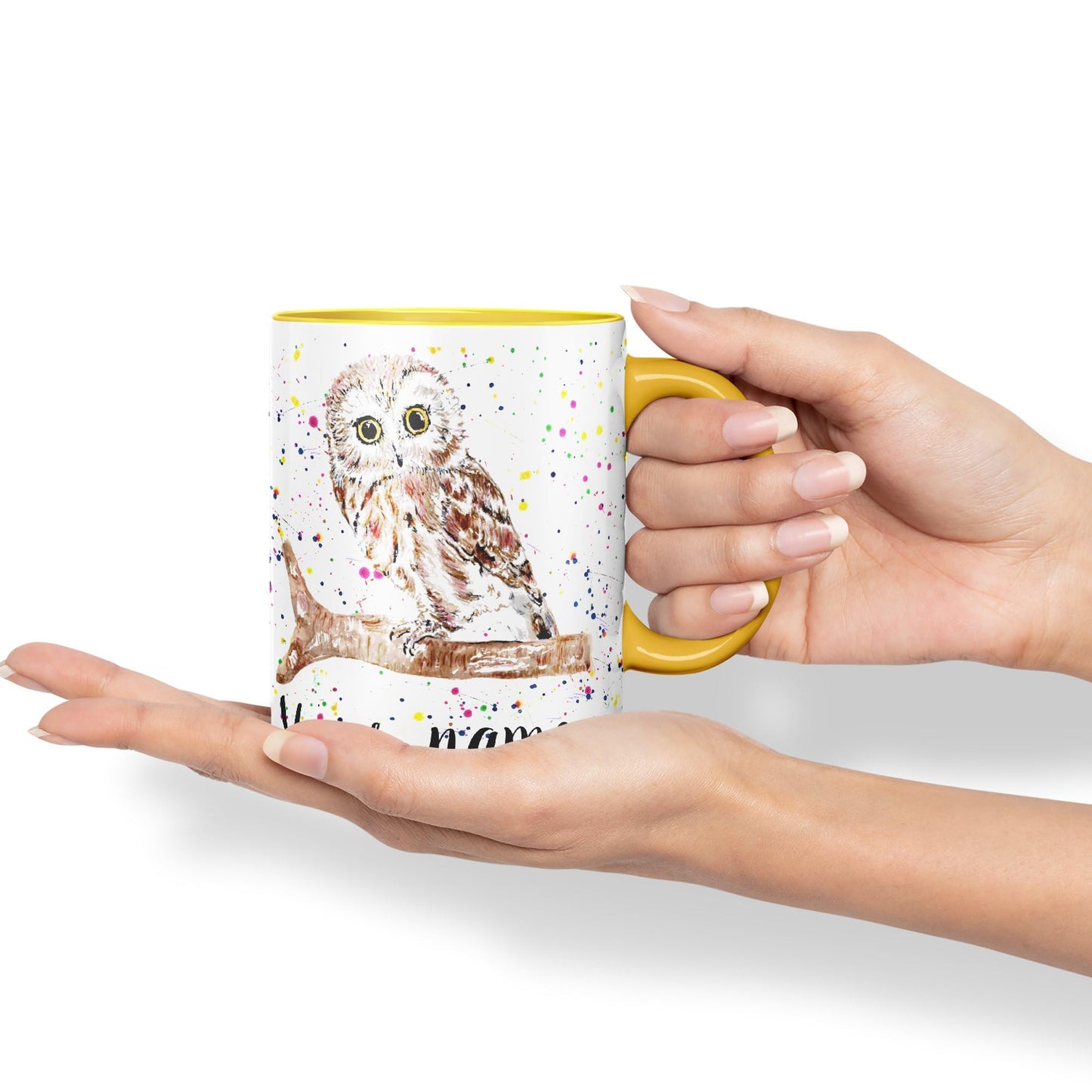 Vixar Personalised with Your Text Owl Bird Watercolour Art Coloured Ceramic Mug Cup Gift 330ml 11oz Custom Work Office Tea Coffee (O2)