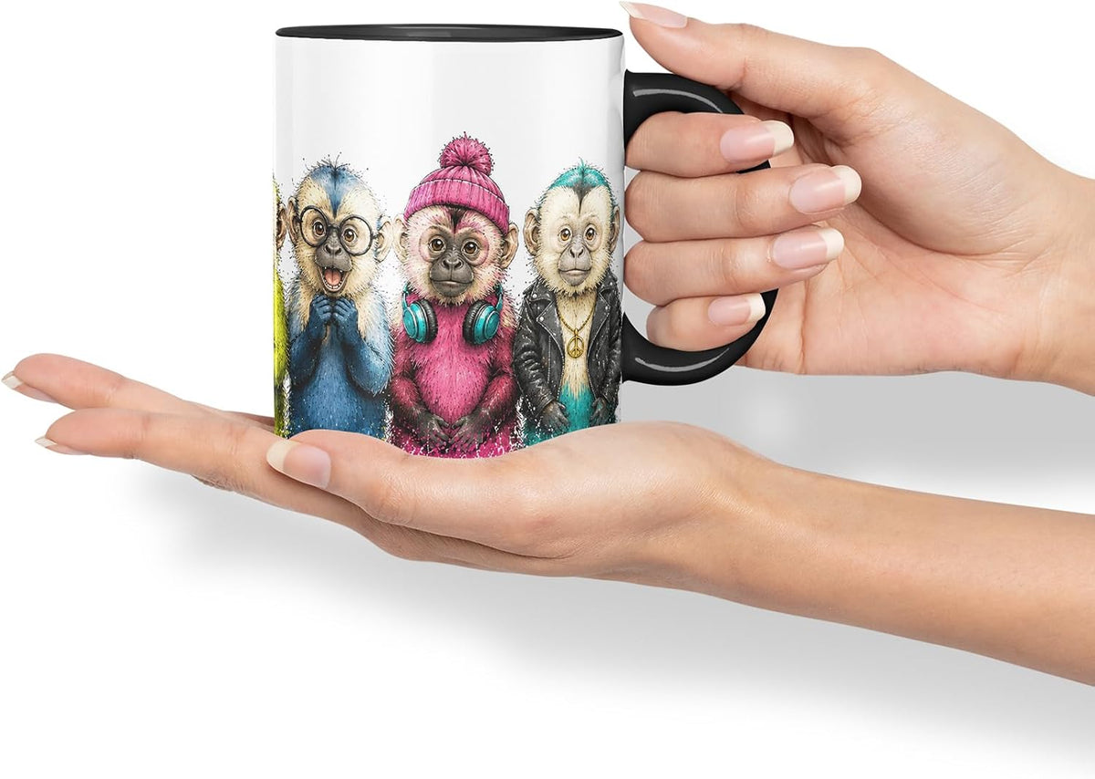 Vixar Monkey Mug – Cute Monkey Coloured Ceramic Mug Cup Gift, 11oz (Black)