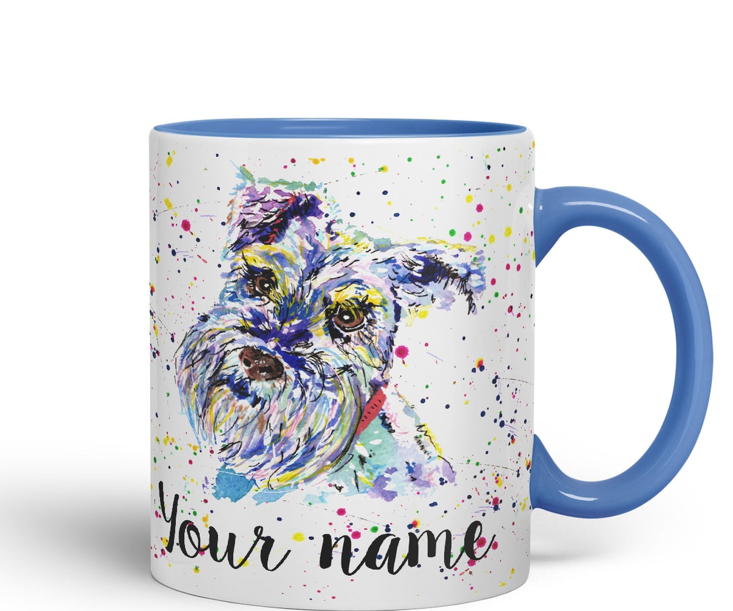 Personalised mug with Your Text name Schnauzer Terrier Dog Pet animals Watercolour Art Coloured Ceramic Mug Cup Gift 330ml 11oz Custom Work Office Tea Coffee