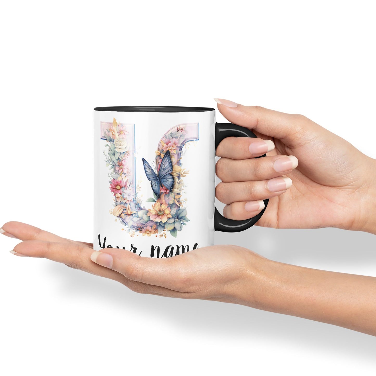 Personalised Letter U mug, Customized Custom Floral flowers butterfly Alphabet Letter U Monogram watercolour Ceramic Coloured Mug Cup for Tea Coffee Hot brew 330ml 11Oz Gift