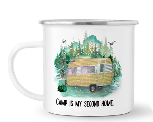 Vixar Enamel Mug Cup, is Ideal for Camping, Caravan, Fishing & Travel, in White with Silver Trim, 10oz, Coffee Tea, Gift, Christmas, Birthday Gift (Camp is My Second Home 2)